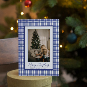 Lovely Navy Blue Plaid   Christmas Family Photo Holiday Card