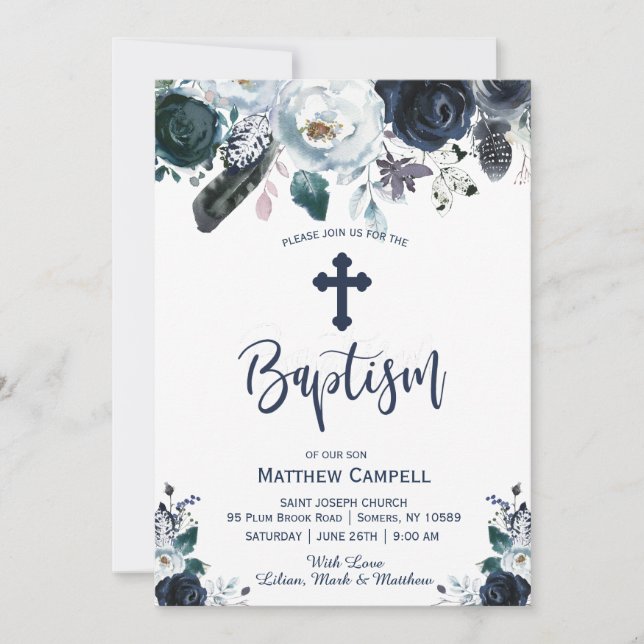 Lovely Navy Blue Rose Floral Baptism Invitation (Front)