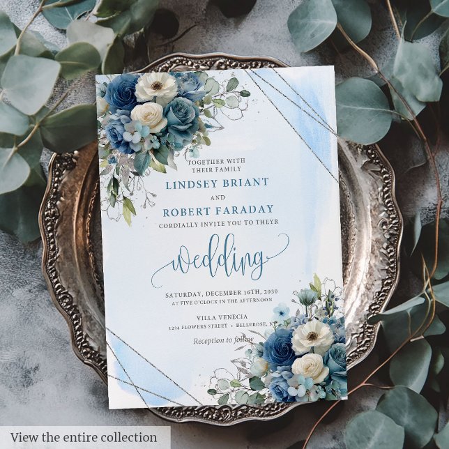 Lovely Navy Blue Silver White Roses Wedding Invite (Lovely Navy Blue Silver White Roses Wedding Invite)