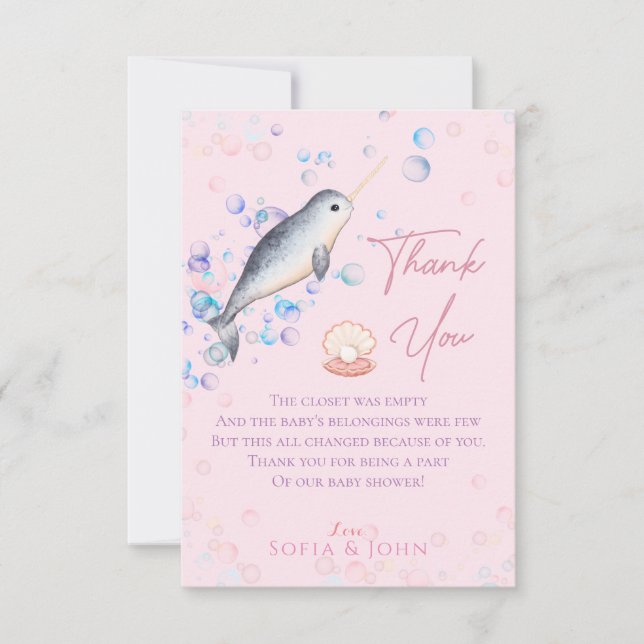 Lovely ocean baby Narwhal & bubbles  Thank You Car (Front)