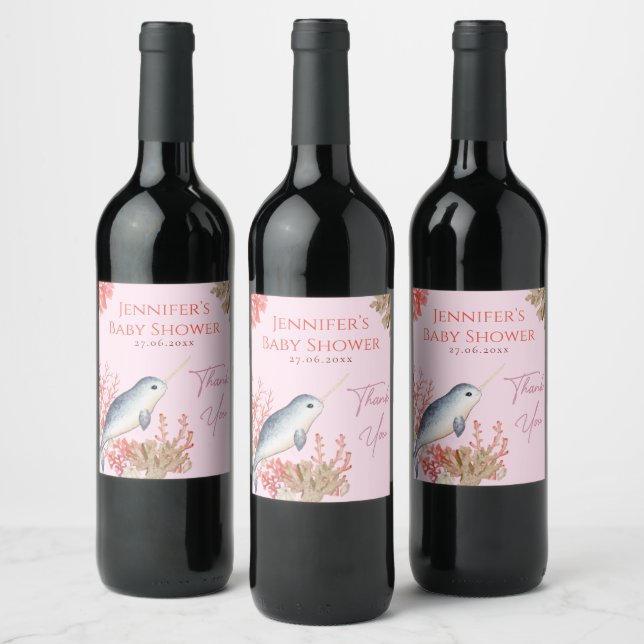 Lovely ocean baby Narwhal & seashells Baby Shower Wine Label (Bottles)