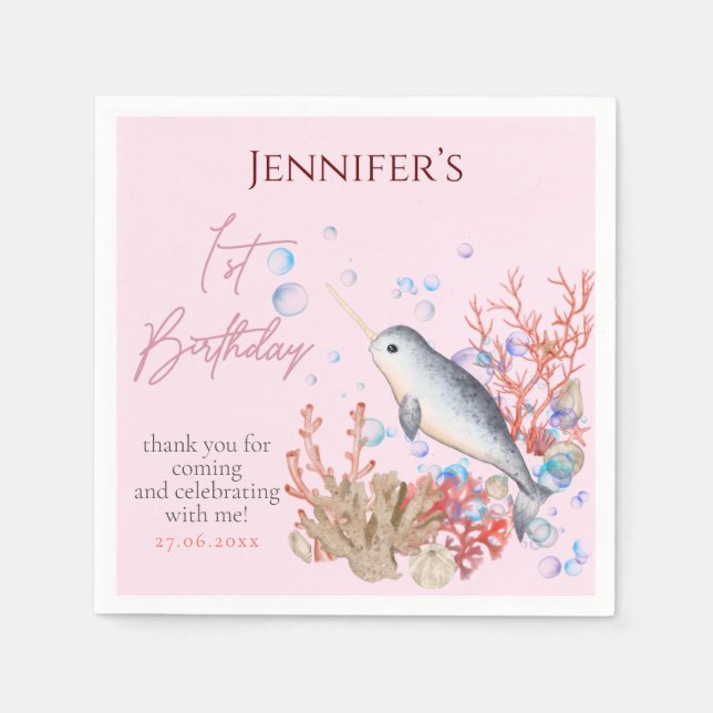 Lovely ocean baby Narwhal seashells Birthday Party Napkin (Front)
