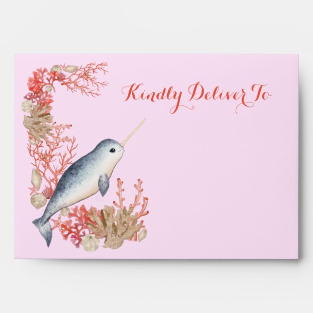 Lovely Ocean baby Narwhal & watercolour seashells  Envelope (Front)