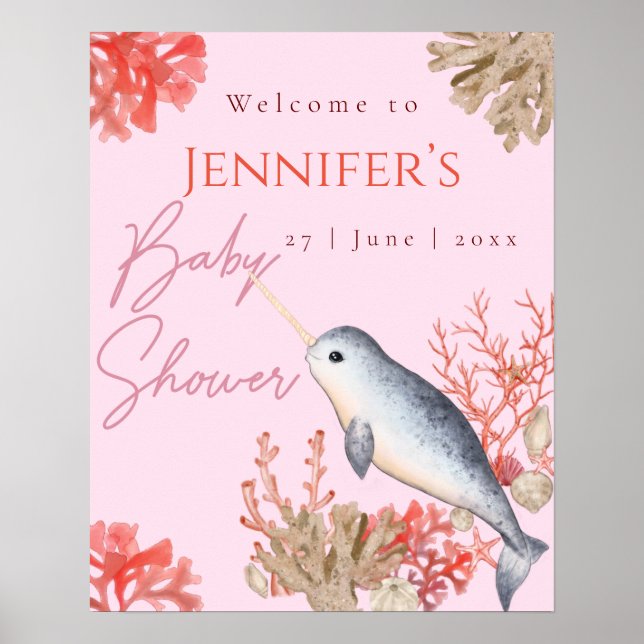 Lovely ocean Narwhal Baby Shower Welcome Poster  (Front)