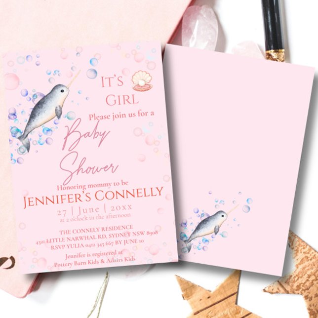 Lovely ocean Narwhal seashells bubbles Baby Shower Invitation (Creator Uploaded)