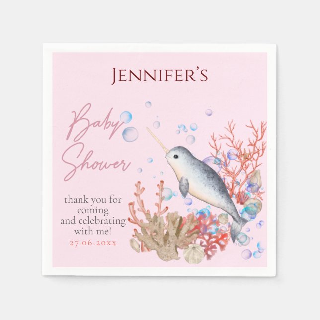 Lovely ocean pinky Narwhal seashells Baby Shower Napkin (Front)