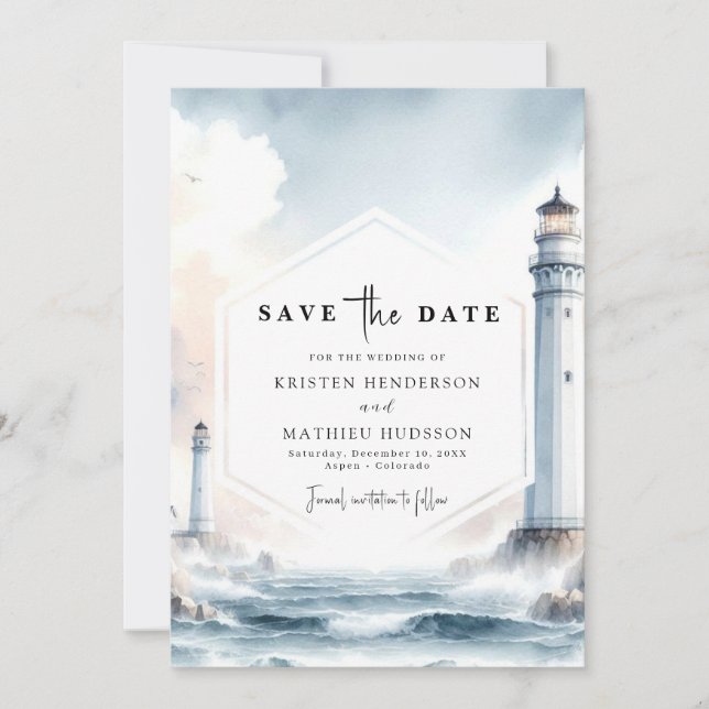 Lovely Oceanic Elegance Lighthouse Wedding Save The Date (Front)