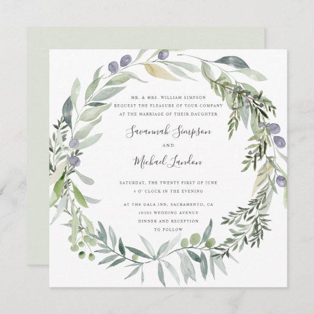 Lovely Olive and leaves formal wedding Invitation (Front/Back)
