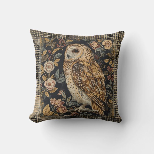 Lovely Owl in the Flowers Garden ,Gold Checkered Cushion (Front)