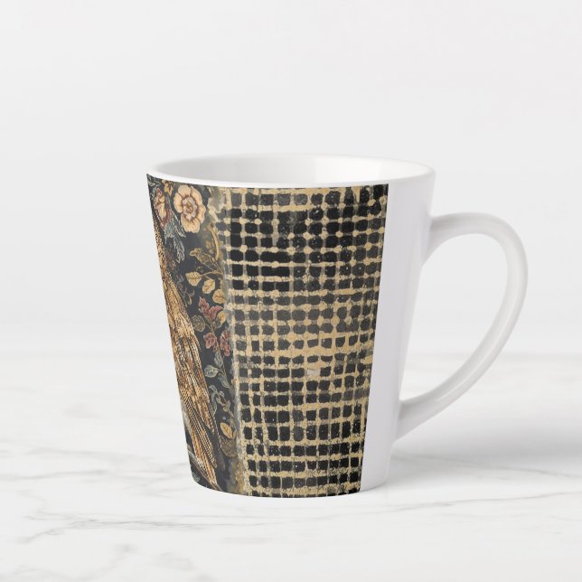 Lovely Owl in the Flowers Garden ,Gold Checkered , Latte Mug (Right)
