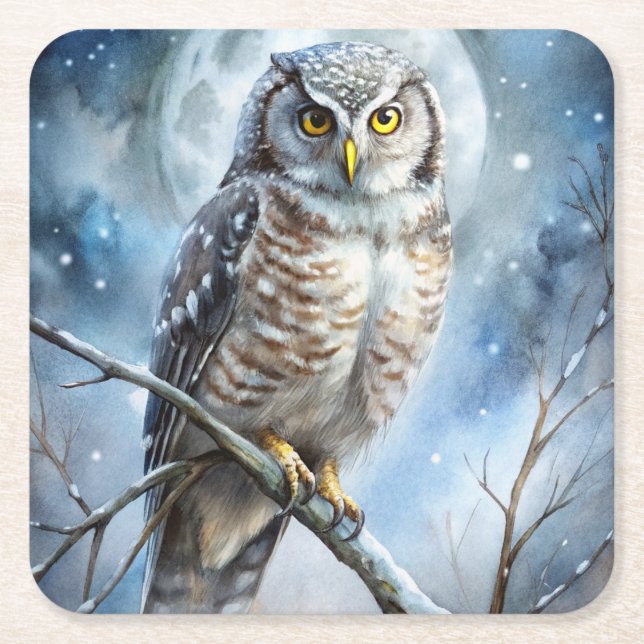 Lovely Owl Square Paper Coaster (Front)