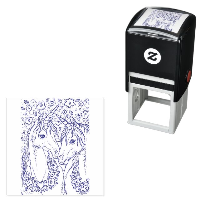 LOVELY PAIR OF UNICORNS, FANTASY HORSES & FLOWERS SELF-INKING STAMP (In Situ)