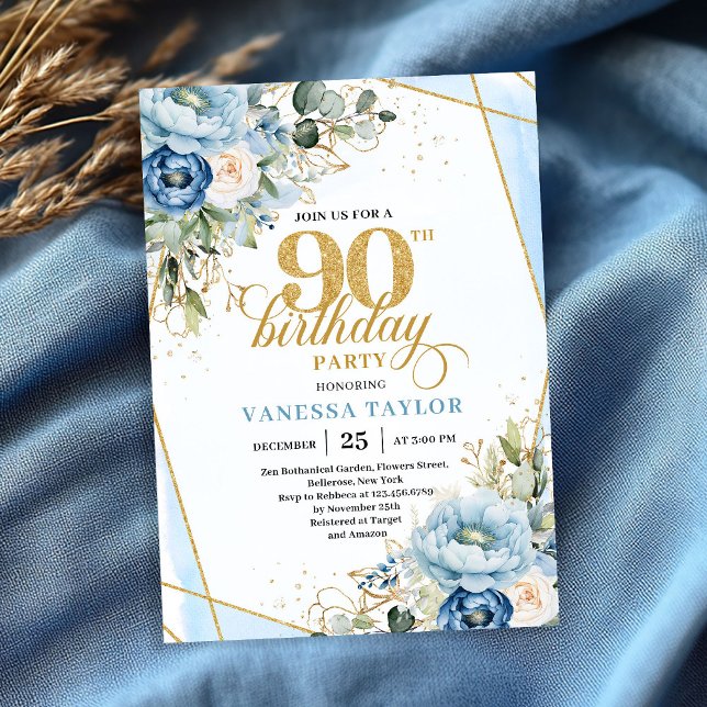 Lovely pale blue gold florals 90th birthday invite (Lovely pale blue gold florals 90th birthday celebration)