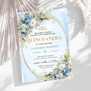 Lovely Pastel Blue Gold Eucalyptus Quinceañera Invitation