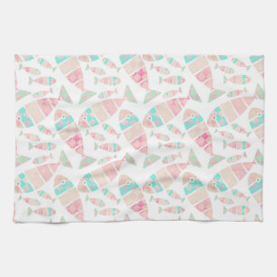 Lovely Pastel Nautical Fish Watercolor Pattern   Tea Towel