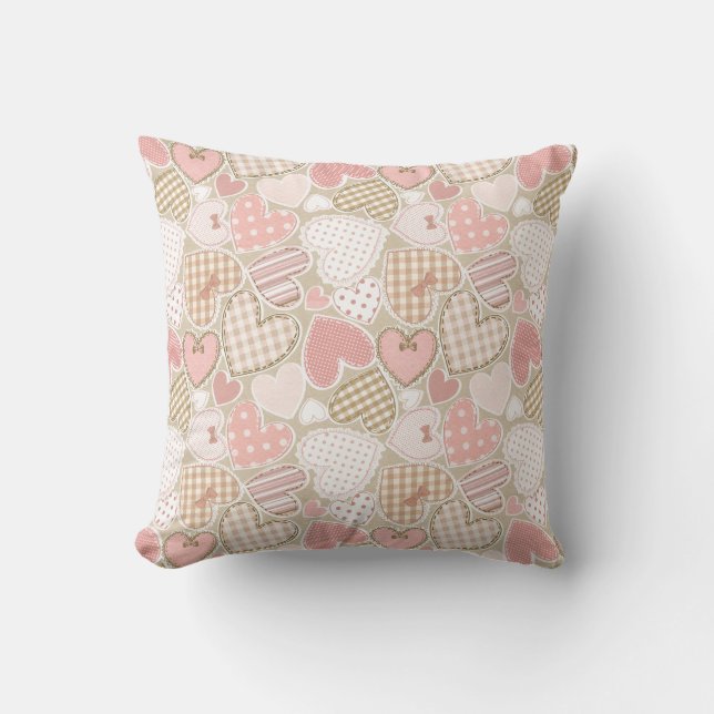 Lovely Patchwork Quilt Pattern Pink Hearts Bows Cushion (Front)