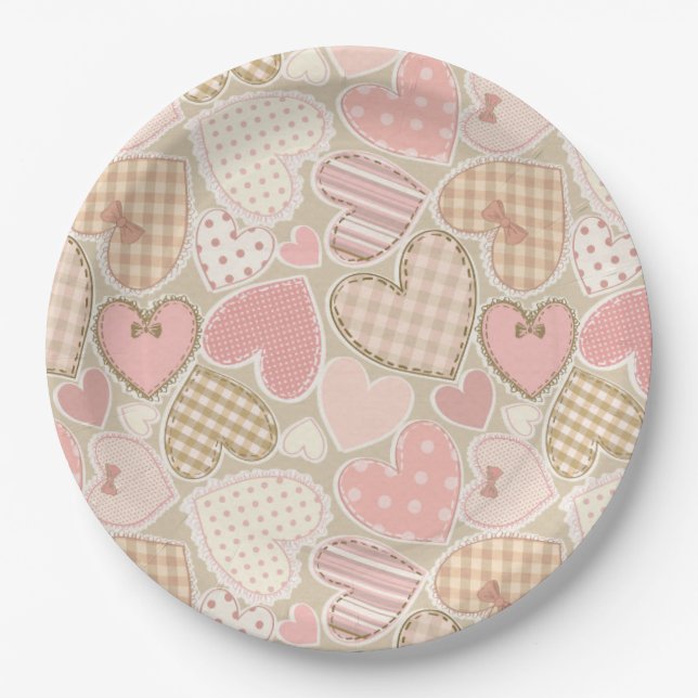 Lovely Patchwork Quilt Pattern Pink Hearts Bows Paper Plate (Front)