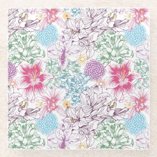 Lovely pattern with colourful flowers glass coaster (Front)