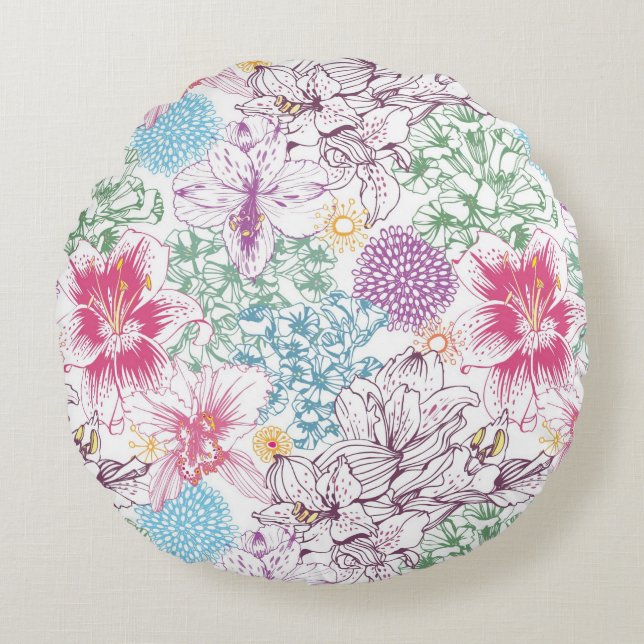 Lovely pattern with colourful flowers round cushion (Front)