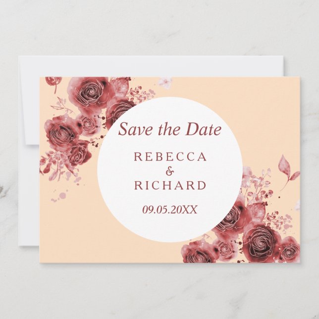 Lovely Peach and Burgundy Save the Date (Front)
