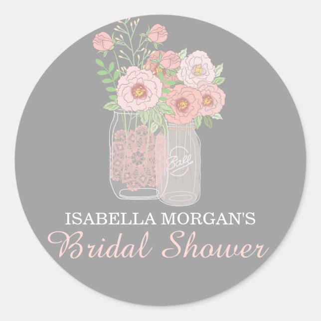 Lovely Peonies Mason Jar Bridal Shower Sticker (Front)