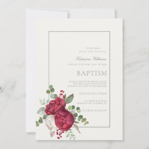 Lovely Peonies Sage Green Script Ivory Baptism Invitation