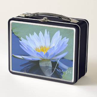Lovely Personalised Pale Blue Water Lily Metal Lunch Box