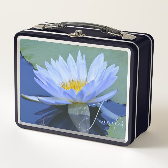 Lovely Personalised Pale Blue Water Lily  Metal Lunch Box (Front)