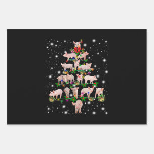 Lovely Pig Christmas Tree Covered By Flashlight Wrapping Paper Sheet