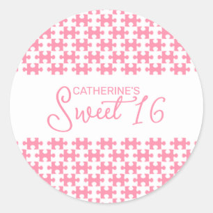 Lovely Pink And White Puzzle Chequered Sweet 16 Classic Round Sticker