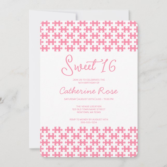 Lovely Pink And White Puzzle Chequered Sweet 16 Invitation (Front)