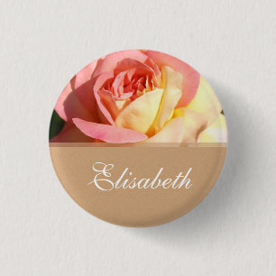 Lovely pink and yellow flower wedding name button. 3 cm round badge