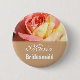 Lovely pink and yellow flower wedding name button. 6 cm round badge