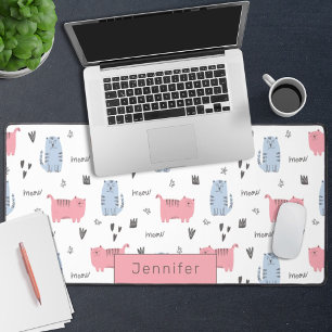 Lovely pink & blue cartoon cats with name desk mat