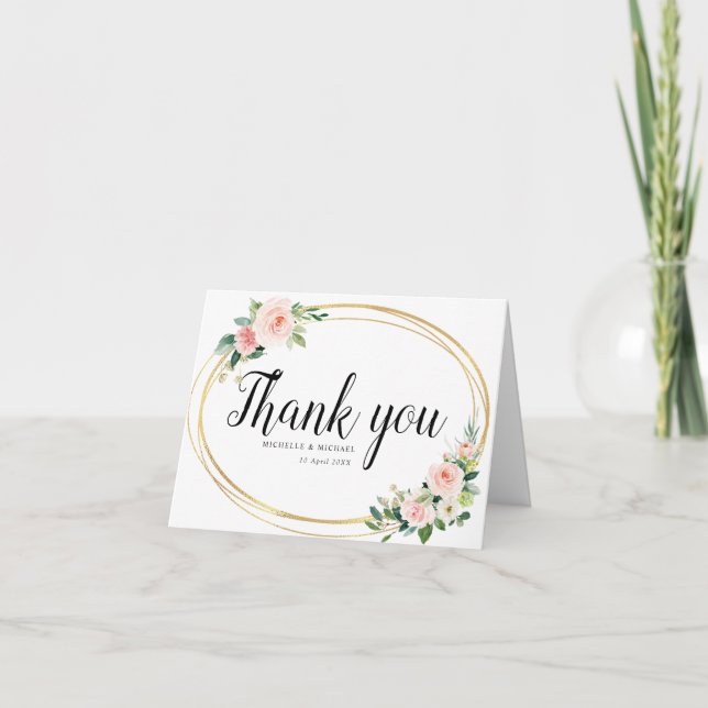 lovely pink blush floral wedding thank you card (Front)