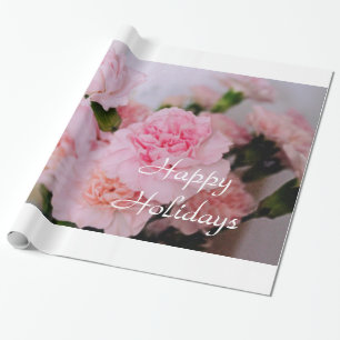 Lovely pink carnation flowers happy holidays wrapping paper