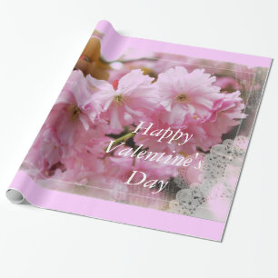 lovely pink cherry flowers happy valentine's day wrapping paper
