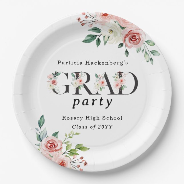 Lovely Pink Floral GRAD Custom Party Paper Plates (Front)