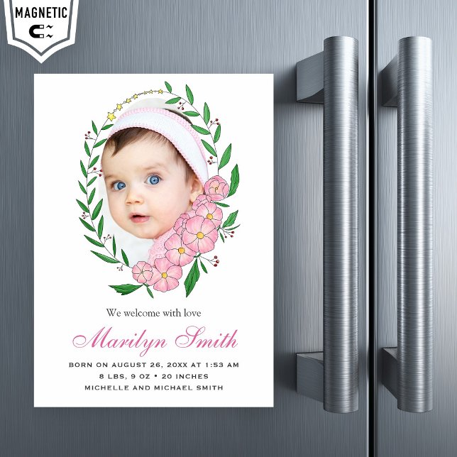 Lovely Pink Floral Wreath Photo Birth Announcement (Creator Uploaded)