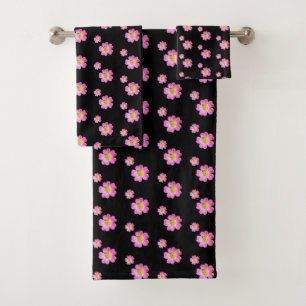 Lovely Pink Flowers on Black Bath Towel Set