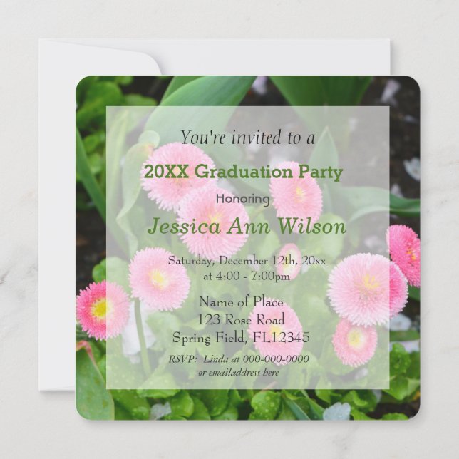 Lovely pink garden daisy flowers graduation invitation (Back)