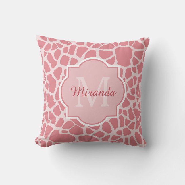 Lovely Pink Giraffe Pattern With Monogram and Name Cushion (Front)