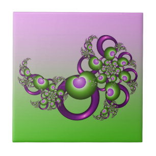 Lovely Pink Green Hearts Modern Abstract Fractal Ceramic Tile