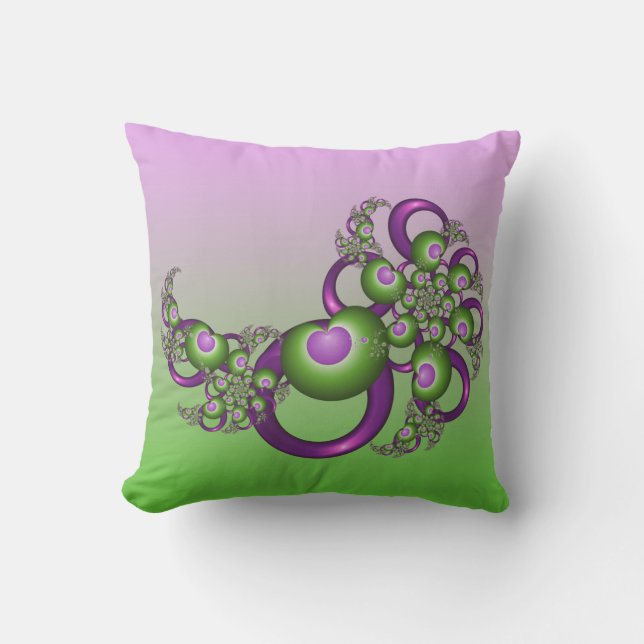 Lovely Pink Green Hearts Modern Abstract Fractal Cushion (Front)