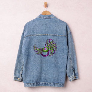Lovely Pink Green Hearts Modern Abstract Fractal Denim Jacket