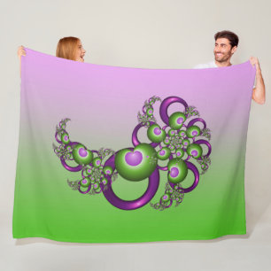 Lovely Pink Green Hearts Modern Abstract Fractal Fleece Blanket