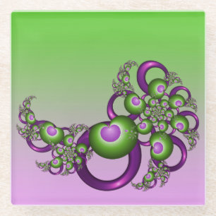 Lovely Pink Green Hearts Modern Abstract Fractal Glass Coaster