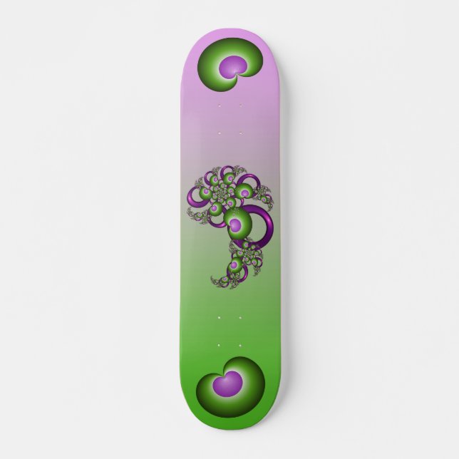 Lovely Pink Green Hearts Modern Abstract Fractal Skateboard (Front)
