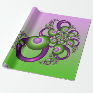 Lovely Pink Green Hearts Modern Abstract Fractal Wrapping Paper