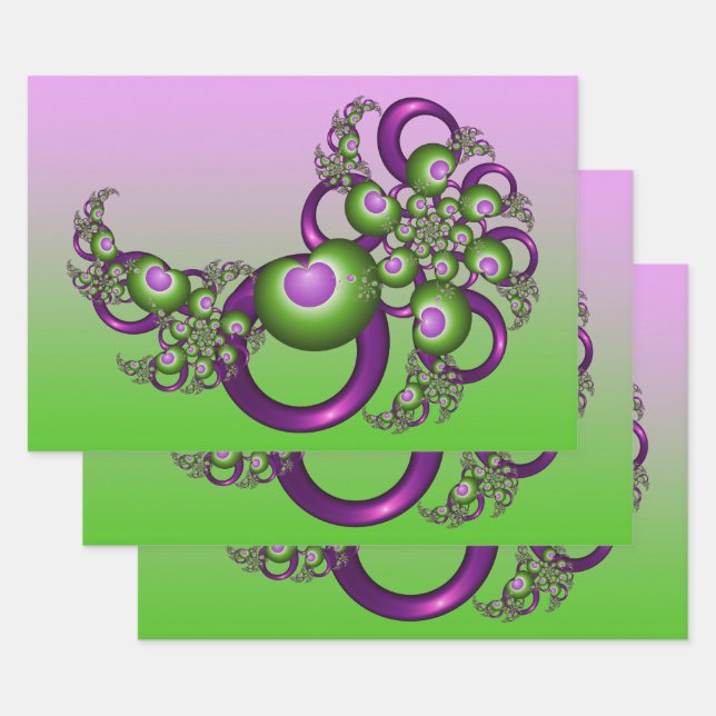 Lovely Pink Green Hearts Modern Abstract Fractal Wrapping Paper Sheet (Set)